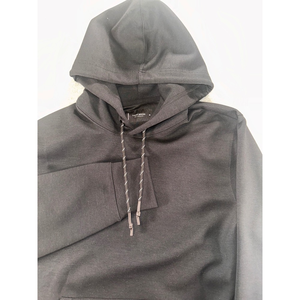 Lucky Brand Mens Black Pullover Hoodie Sweatshirt Size M Logo Patch Drawstring